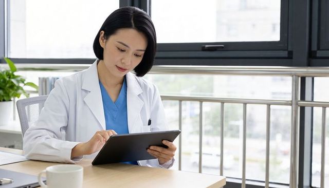 Clinician reviewing tablet in modern clinic office, digital healthcare and telemedicine