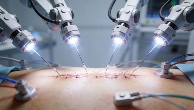 Robotic surgical arms performing precision suturing of abdominal incision with electrodes