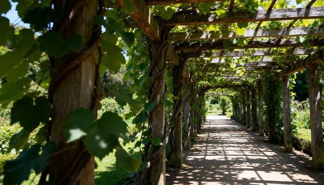 Vine-covered pergola leading sunlit garden walkway with dappled leaf shadows