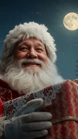 Santa Claus smiling and offering wrapped gift under full moon in starry night vertical video