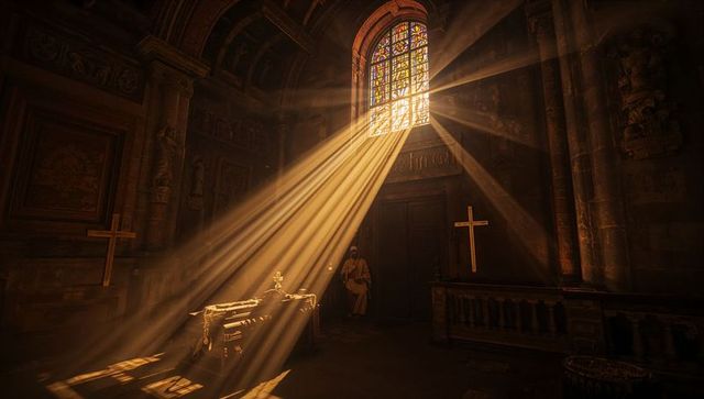Golden sunbeams bathing historic chapel altar with robed cleric and stained glass