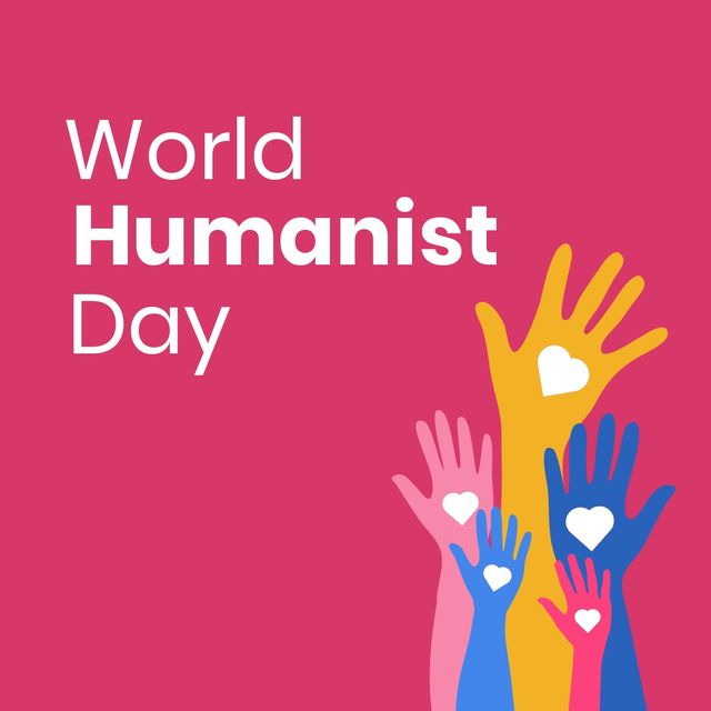 Digital composite image of world humanist day text by colorful hands with heart shapes. awareness and humanism concept.