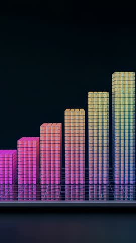 Vertical video panning neon 3D bar graph with glossy multicolor gradient columns