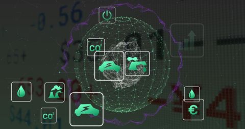 green energy icons on digital globe network sky - Download Free Stock Images Pikwizard.com