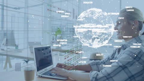 Digital Networking Globe with Professional Woman in Office