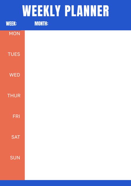 Weekly planner template featuring a minimalist blue and orange design with spaces for indicating the week and month. Ideal for personal and professional use to keep track of tasks, appointments, and events. Can be used in digital or print format for organizing daily activities efficiently.