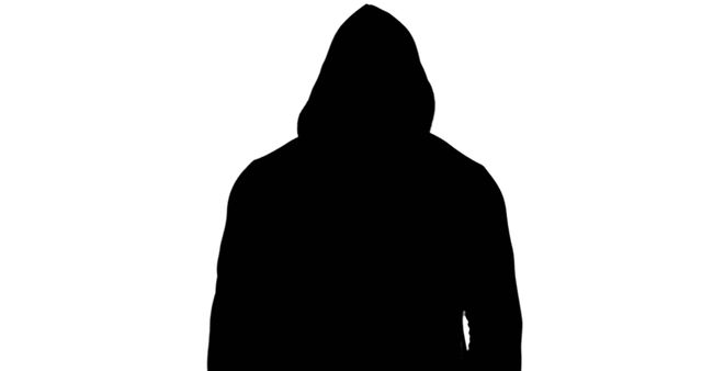 A silhouette of an unidentifiable person wearing a hooded top stands against a white background, with copy space. The image evokes a sense of mystery or anonymity, often used in contexts requiring a nondescript human figure.