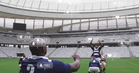 Players executing rugby lineout with social media overlays in covered stadium