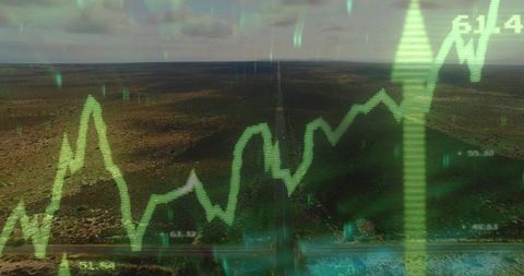 Holographic financial chart projecting growth over remote desert highway