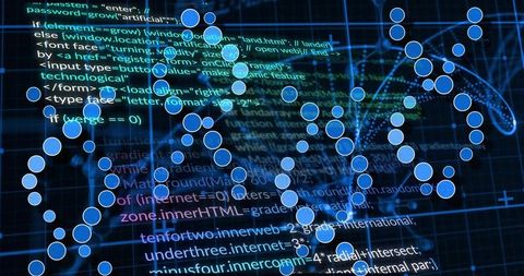 Glowing dna network over computer code with blue nodes and data mesh representing genomics