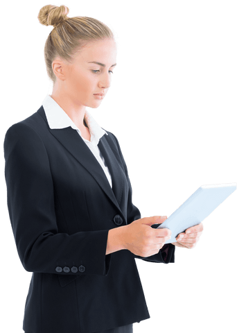 Businesswoman using tablet transparent background concept