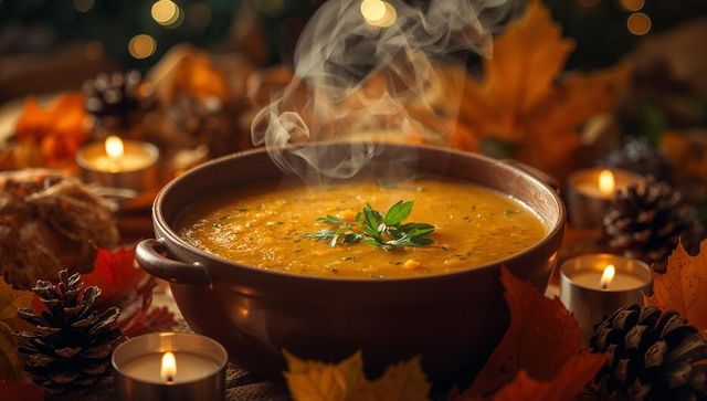 Steaming Harvest Soup in Rustic Surrounding with Candles and Autumn Leaves