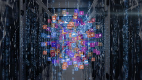 Digital Icons Sphere in High-Tech Server Room