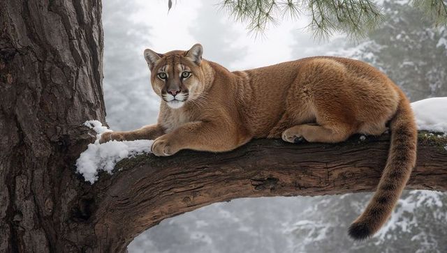 Cougar resting on snow-dusted pine limb in misty winter forest, close-up study