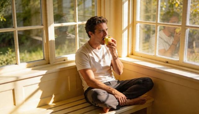 Man sitting crosslegged on sunlit window bench eating apple with reflection in glass