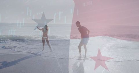 Romantic Beach Getaway: Couple in Playful Surf Amid Starry Overlay
