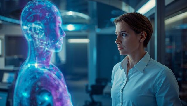 Engineer Examining Holographic Humanoid in Modern Lab Setting