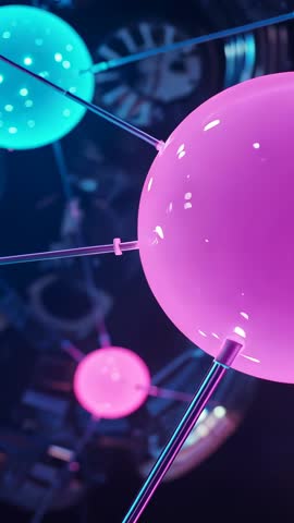 Panning Vertical Video Revealing Pink Glowing Orb Lamp Installation with Teal Spheres