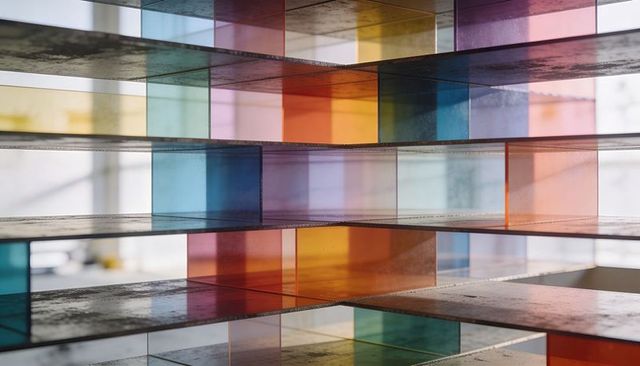 Colorful stacked translucent panels creating geometric light grid and layered reflections