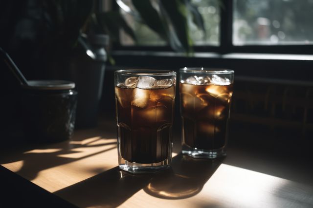 Glass of iced black coffees on wooden counter in sun, created using generative ai technology. Coffee, summer, cafe, drinks and refreshments concept digitally generated image.