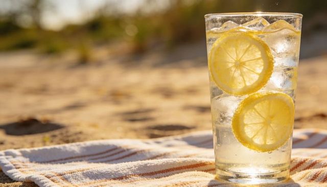 Backlit lemonade glass sitting on striped towel with lemon slices and ice at golden hour