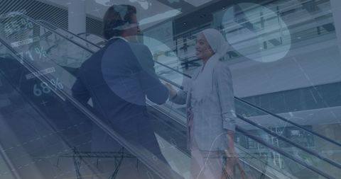 Business Deal on Elevators Against Digital Financial Interface