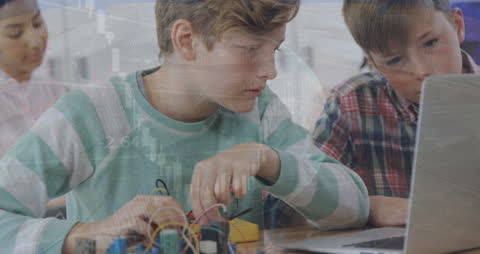 Students Engaged in Tech Studies with Overlay of Digital Elements