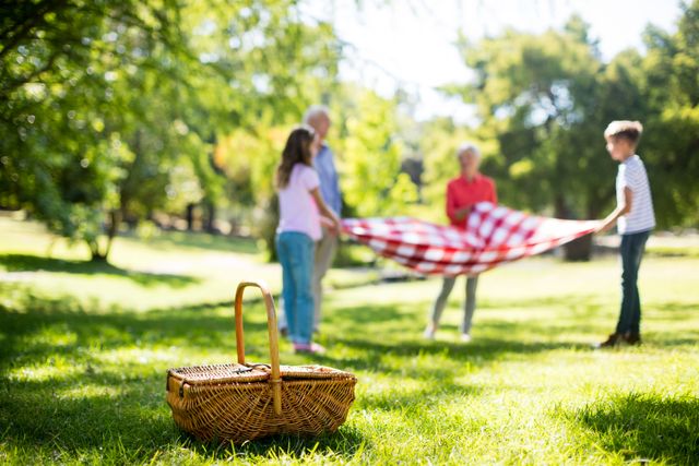 Family enjoying a sunny day in the park, setting up a picnic blanket. Ideal for use in advertisements promoting family activities, outdoor leisure, and summer fun. Perfect for illustrating concepts of family bonding, relaxation, and nature enjoyment.