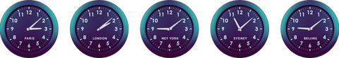 Transparent clocks from five global cities: paris, london, new york, sydney, beijing