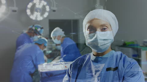 Confident Surgeon in Operating Room with Holographic Network Overlay