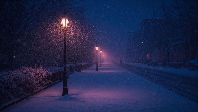 Snowy night promenade with glowing streetlights, lone walker and falling snow, moody glow