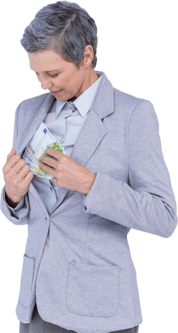 Senior Woman Safeguarding Euro Banknotes Against White Background