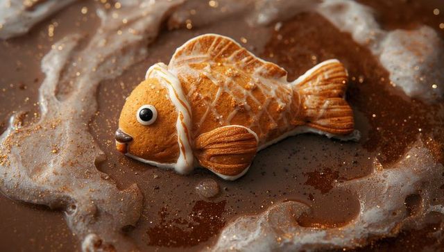 Fish cookie floating on glossy chocolate ganache with white icing and gold glitter