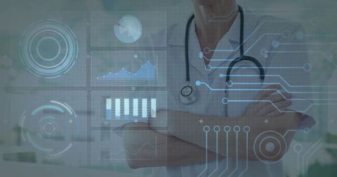 Doctor presenting holographic health analytics with stethoscope and futuristic medical interface