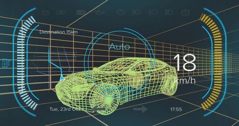 Neon wireframe car hud display showing speed navigation and autonomous driving interface