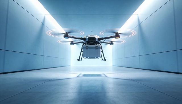 Autonomous Hexacopter Drone Hovering in Futuristic Blue Testing Corridor with Cargo Pod