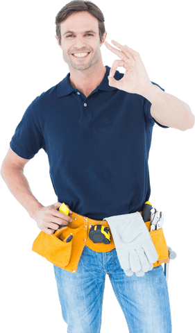 confident builder showing ok sign with tool belt on transparent background - Download Free Stock Videos Pikwizard.com