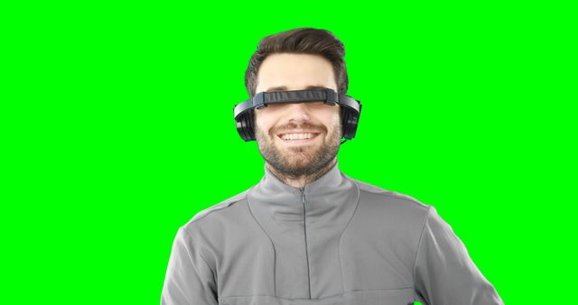 Man Experiencing Virtual Reality in Gray Attire Against Green Screen - Download Free Stock Images Pikwizard.com