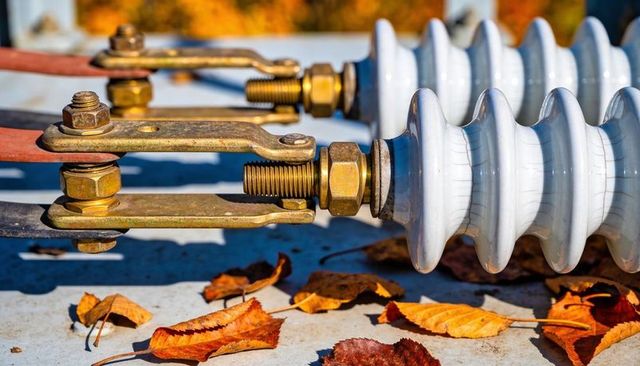 Macro close-up of ceramic high-voltage insulators and brass connectors with autumn leaves