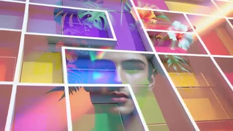 Futuristic Abstract CGI Portrait with Neon Grid and Tropical Elements