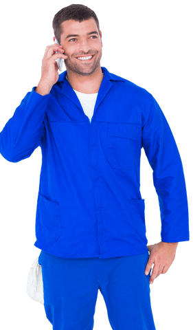 Smiling Mechanic Talking on Phone in Blue Uniform Transparent - Download Free Stock Videos Pikwizard.com