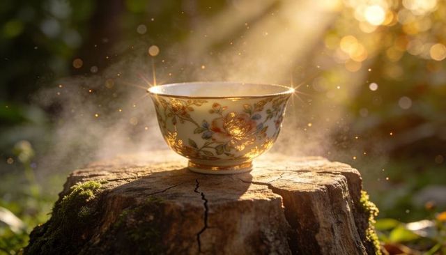 Ornate floral porcelain teacup steaming on mossy tree stump under golden sunbeams
