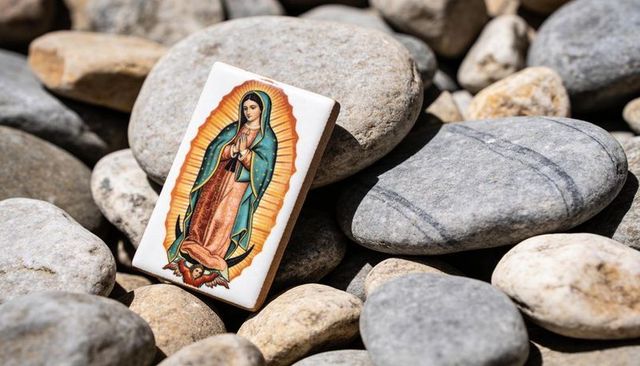 Devotional virgin of guadalupe tile resting on sunlit river pebbles spiritual still life