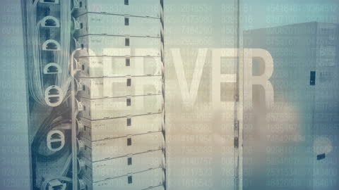 Digital Render of Empty Server Room with Overlay Text