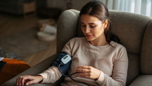 Woman monitoring blood pressure in comfortable home environment