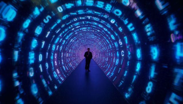 Man exploring immersive digital tunnel with glowing numerical displays