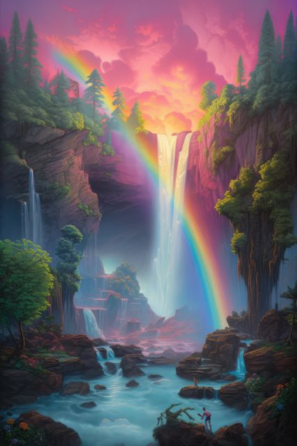 Fantasy landscape with rainbow and waterfalls in forest created using generative ai technology. Fantasy, imagination and colour concept digitally generated image.