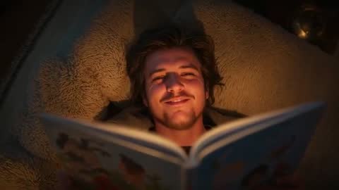 Young man reading bedtime picture book under warm lamp, smiling while lying on plush cushion