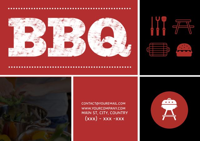 Eye-catching BBQ cookout flyer features a bold red background and vintage-style text. Perfect for advertising community events, family gatherings, or company picnics. Icons add to classic cookout vibe, and clear contact details make it practical for organizing large groups. Ideal for both digital sharing and print distribution.