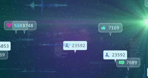 Floating Social Media Notification Bubbles Pulsing Over Futuristic Nebula Interface